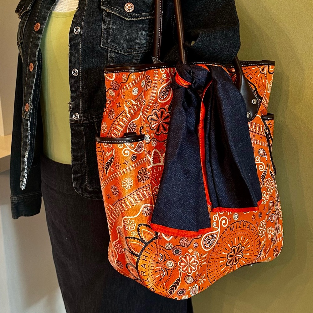 EUC💠Isaac Mishai Large Paisley Tote in Orange/Blue. Isaac Silk Scarf Included